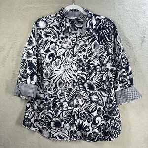 Chaps No Iron Button Front Blouse Plus Size 1X Blue Tropical Print 3/4 Sleeve
